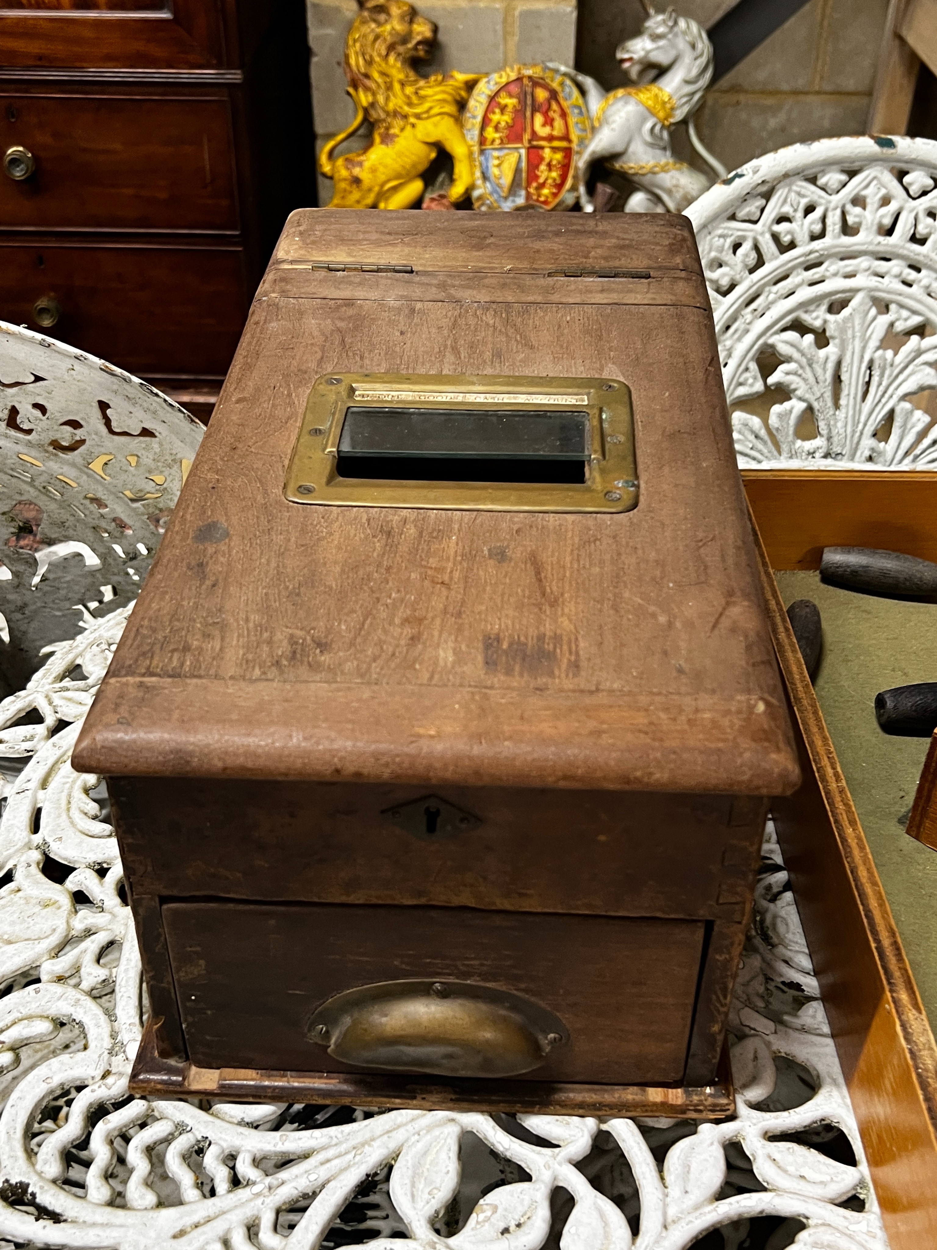 A vintage Lindop table skittles game and a Victorian mahogany till